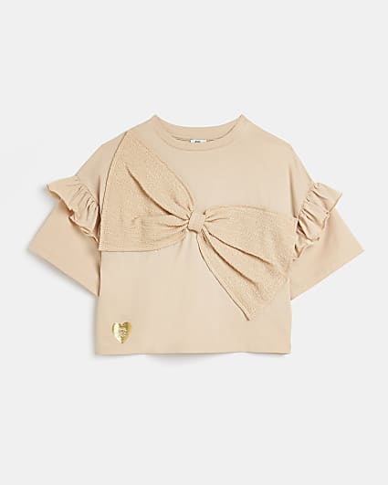 Girls beige boucle bow design t-shirt