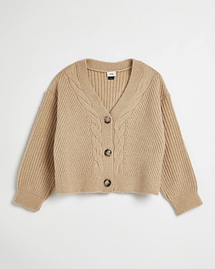 Girls beige cable knit cardigan
