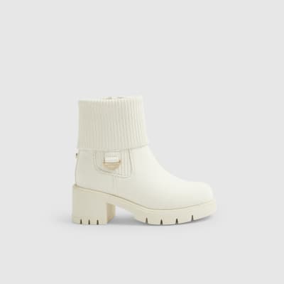 Girls Beige Canvas Knit Heel Boots