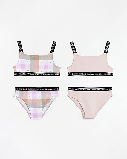 Girls beige check crop top and brief 2 pack