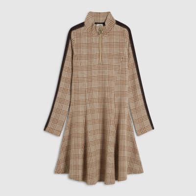 Girls Beige Check Funnel Neck Dress
