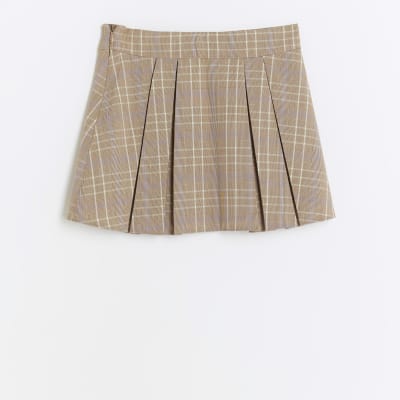 Girls beige check pleated skirt | River Island