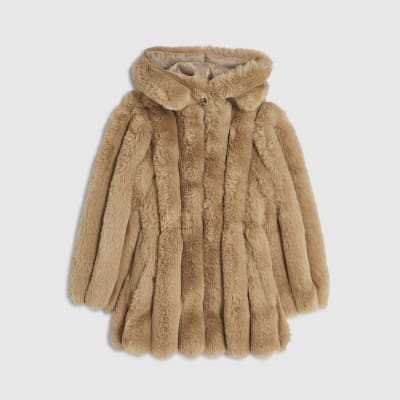Girls Beige Cinched Faux Fur Coat