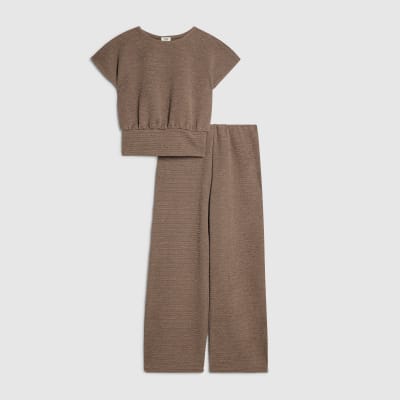 Girls Beige Cinched Top And Trousers Set