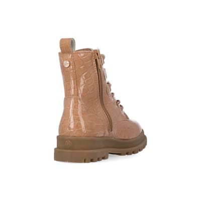 360 degree animation of product Girls Beige Croc Embossed Patent Boots frame-11