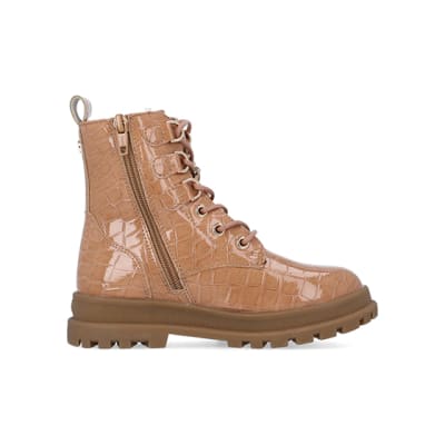 360 degree animation of product Girls Beige Croc Embossed Patent Boots frame-15