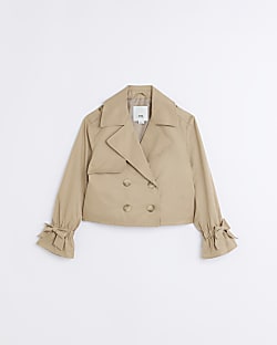 Girls beige Cropped bow cuff trench coat