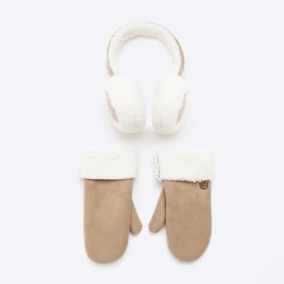 Girls beige ear muffs and gloves River Island