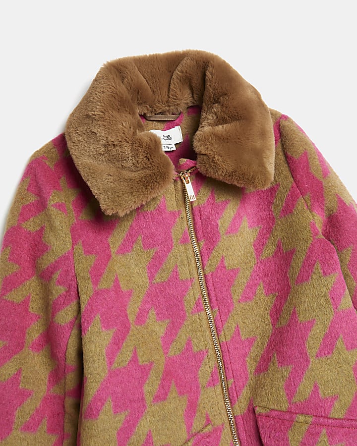 Girls Beige Faux Fur Trim Houndstooth Coat