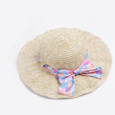 Girls Beige Floral Bow Straw Hat