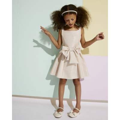 Girls Beige Glitter Bow Premium Dress