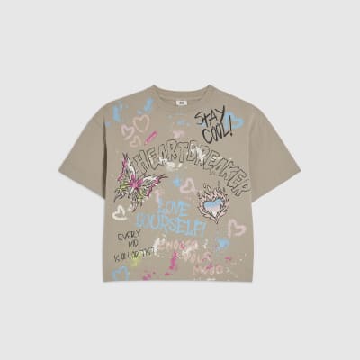 Girls Beige Graffiti Print T-Shirt