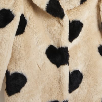 Girls beige heart faux fur coat | River Island