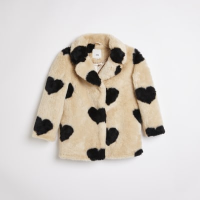 Girls Beige Heart Faux Fur Coat | River Island