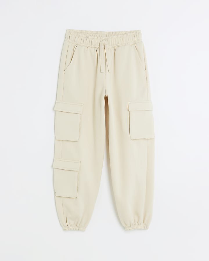 Girls beige jersey cargo trousers