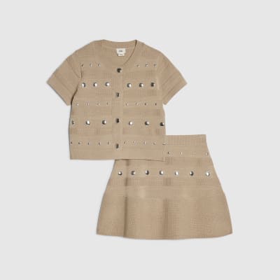 Girls Beige Knitted Studded Top & Skirt Set