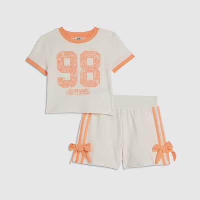 Girls Beige Lace Number T-Shirt & Short Set