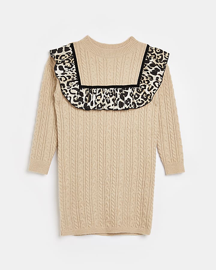 Girls beige leopard cable knit dress