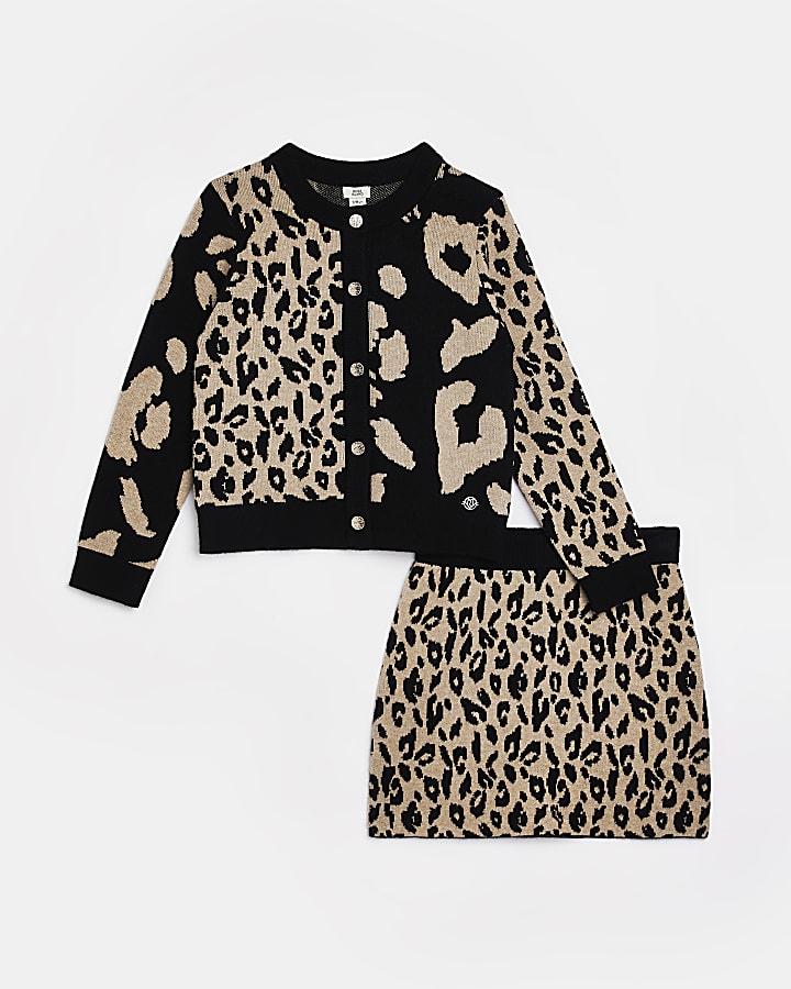 Girls beige Leopard Cardigan and Skirt outfit