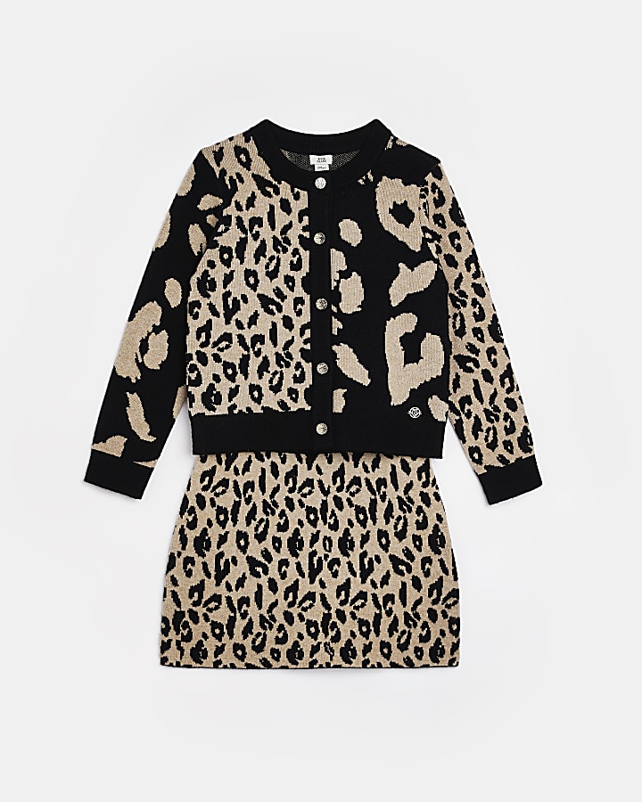Girls beige Leopard Cardigan and Skirt outfit