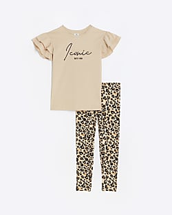 Girls beige leopard frill t-shirt outfit