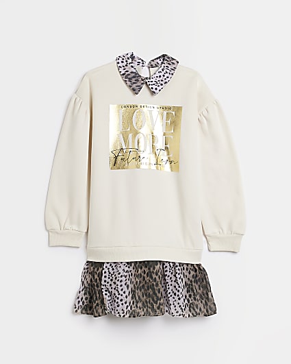 Girls Beige Leopard Hybrid Sweatshirt Dress