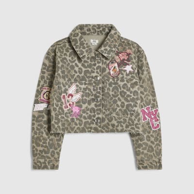 Girls Beige Leopard Print Badged Denim Jacket