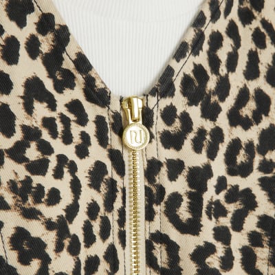 Girls beige leopard print belted pinny dress River Island