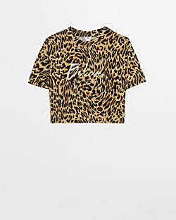 Girls beige leopard print crop t-shirt