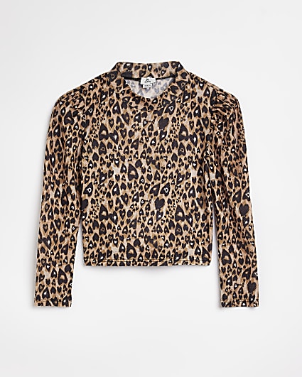 Girls Beige Leopard print long sleeve top