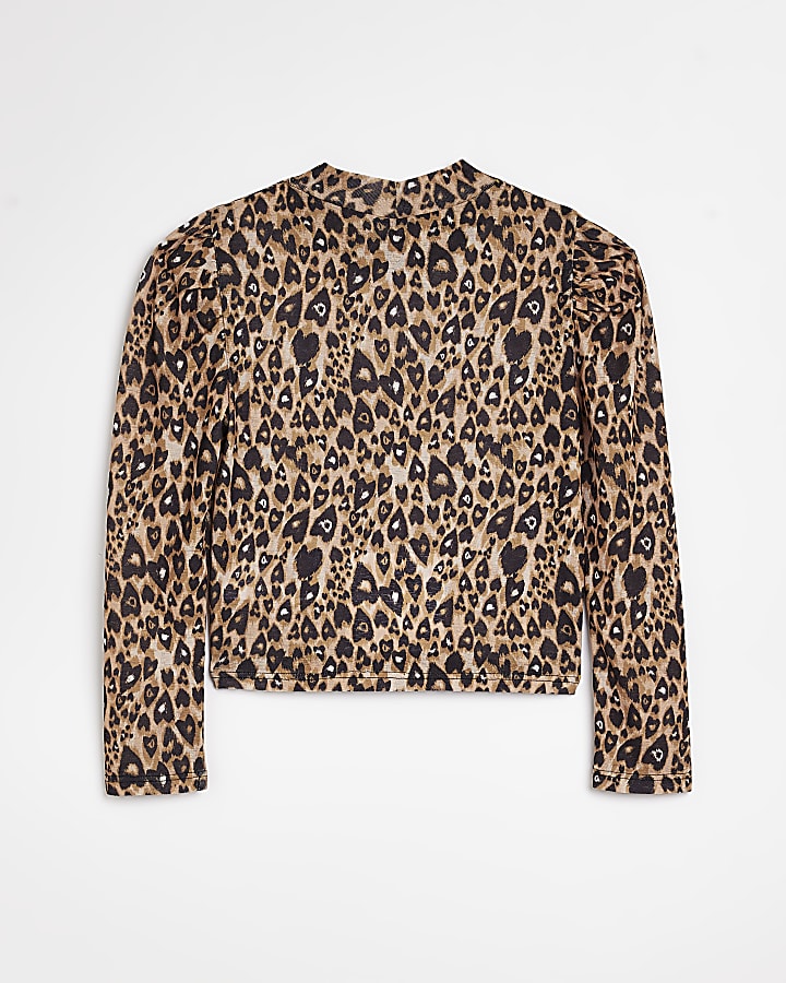 Girls Beige Leopard print long sleeve top