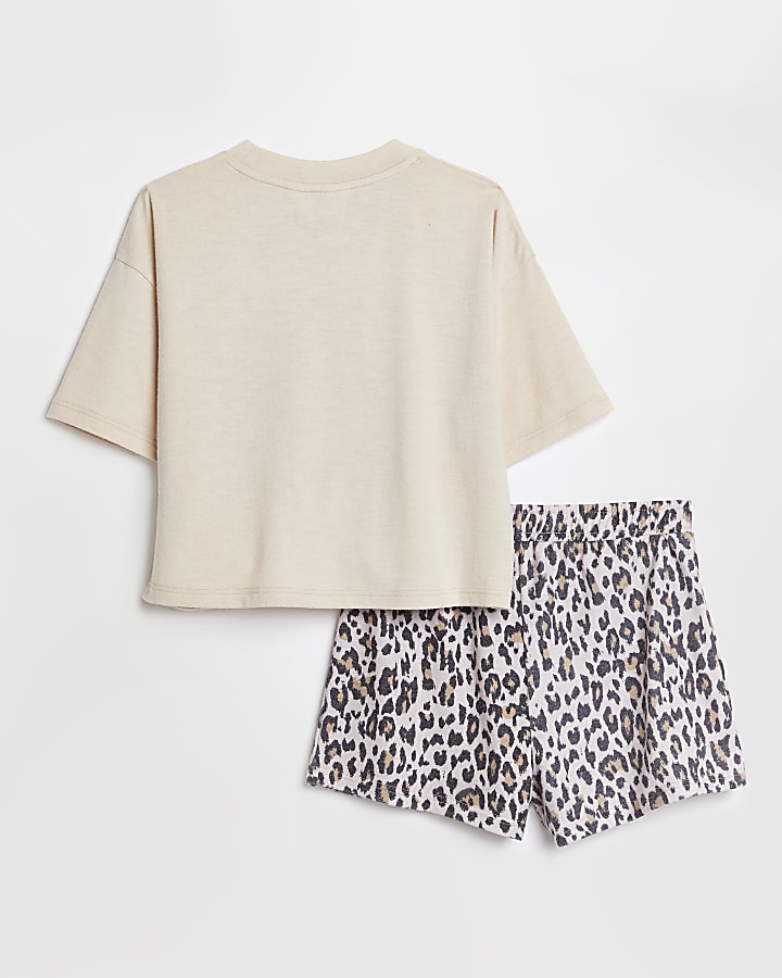 Girls beige leopard print pyjama set