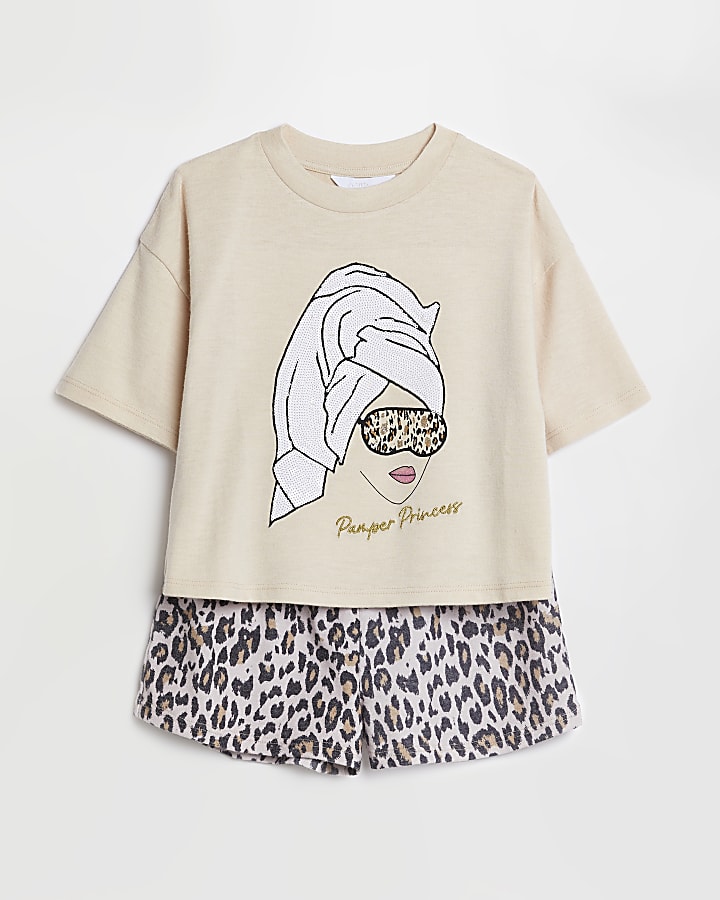 Girls beige leopard print pyjama set