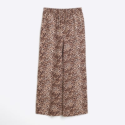 Girls beige leopard print wide leg trousers