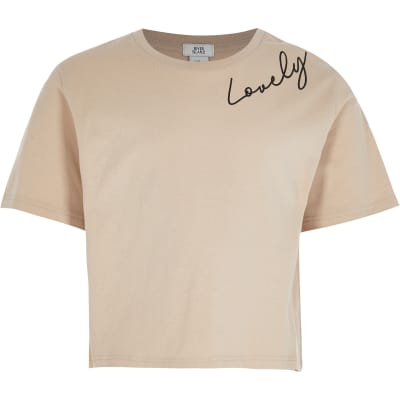 Girls beige 'Lovely' t-shirt | River Island