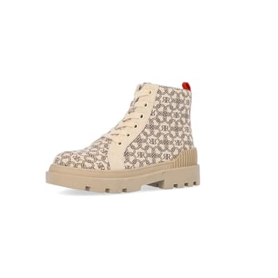 360 degree animation of product Girls beige monogram print canvas boots frame-1