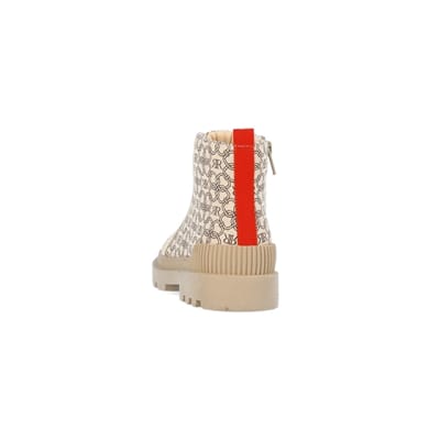 360 degree animation of product Girls beige monogram print canvas boots frame-8