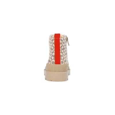 360 degree animation of product Girls beige monogram print canvas boots frame-9