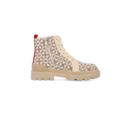 360 degree animation of product Girls beige monogram print canvas boots frame-15