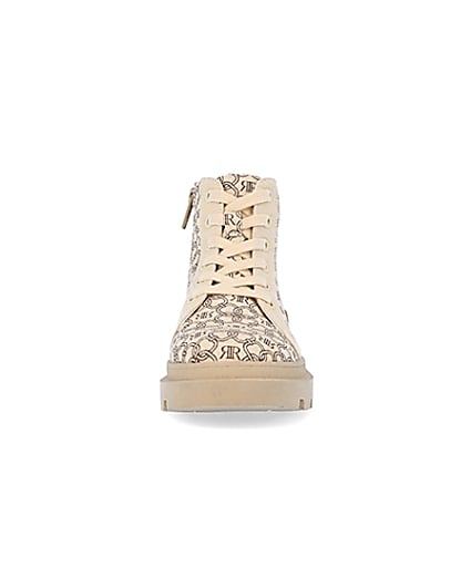 360 degree animation of product Girls beige monogram print canvas boots frame-21