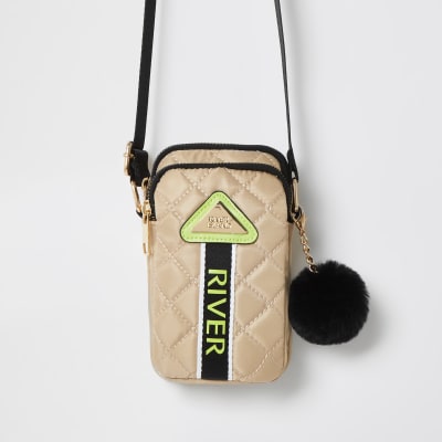 Girls beige nylon quilted cross body bag River Island