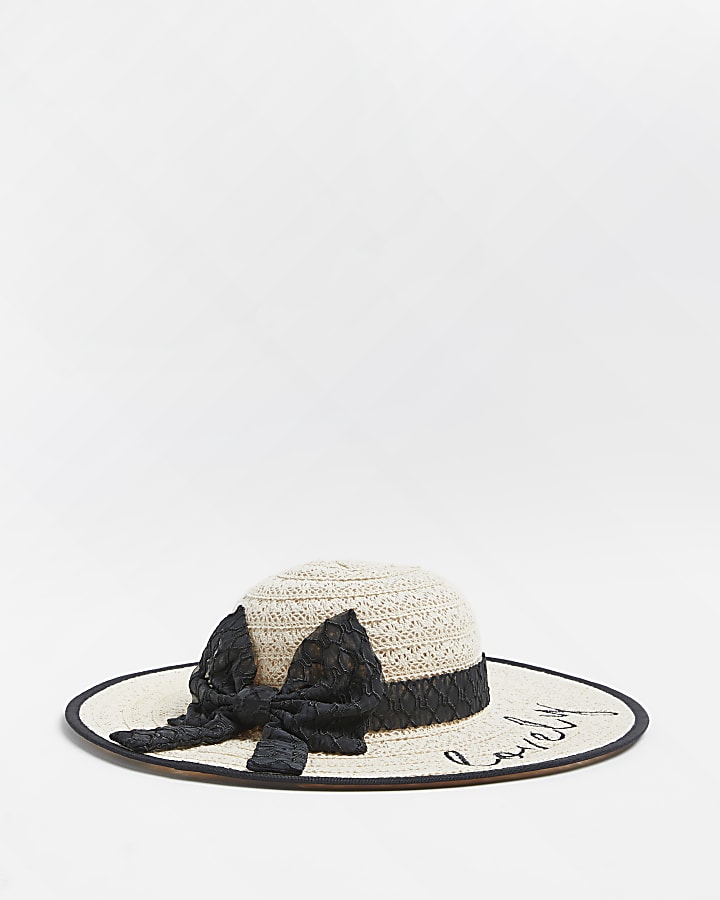 Girls beige organza bow 'Lovely' straw hat