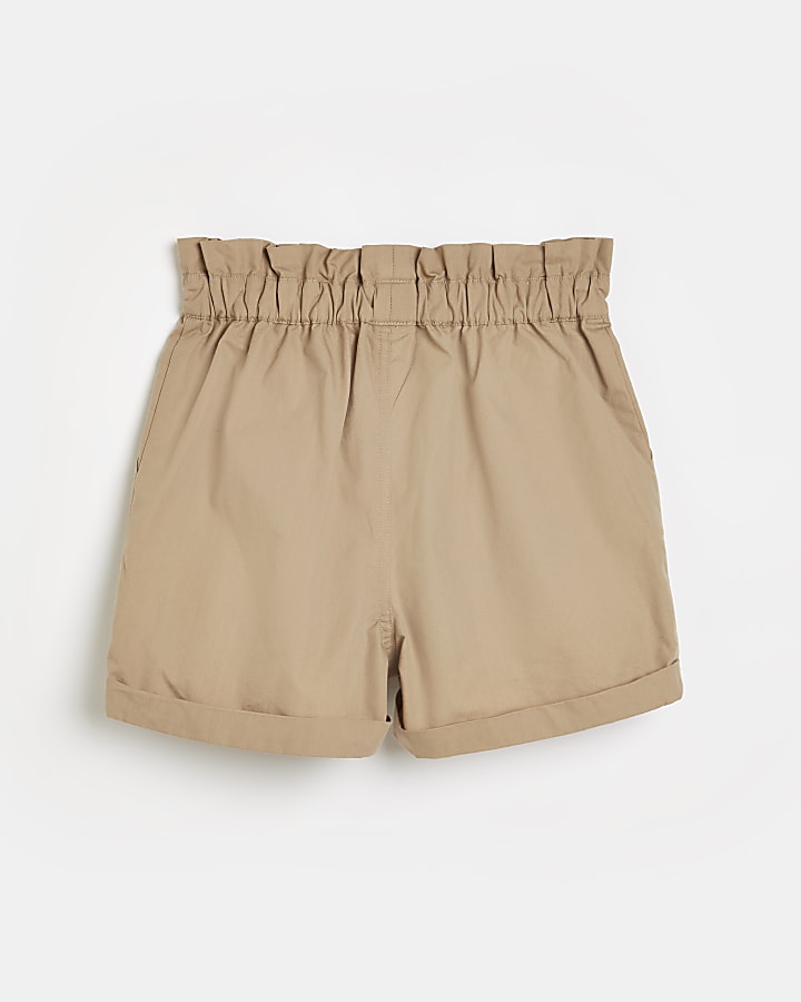 Girls beige paperbag belted shorts