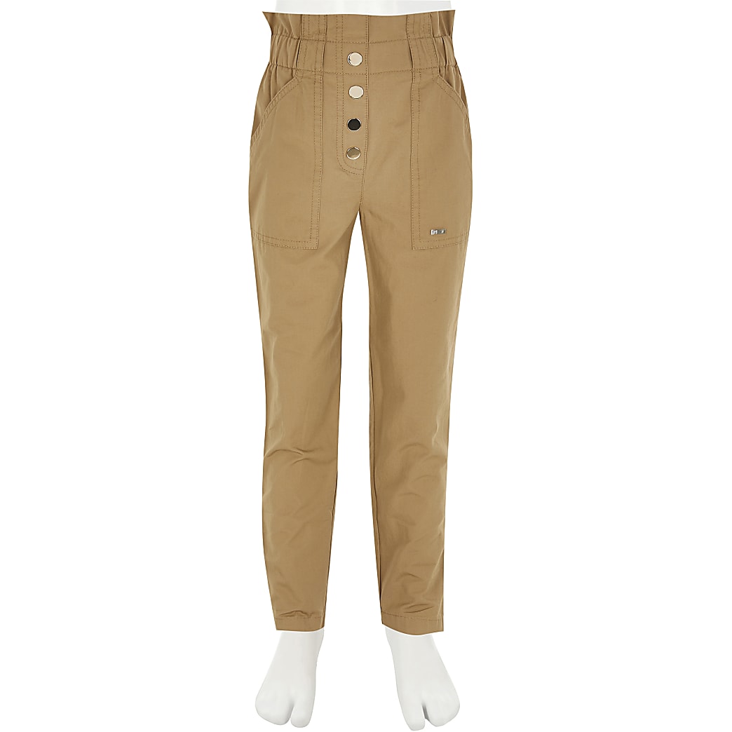 Girls beige paperbag cargo trousers | River Island