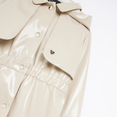 Girls beige PU hooded trench coat