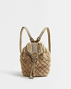 Girls beige quilted faux fur mini backpack