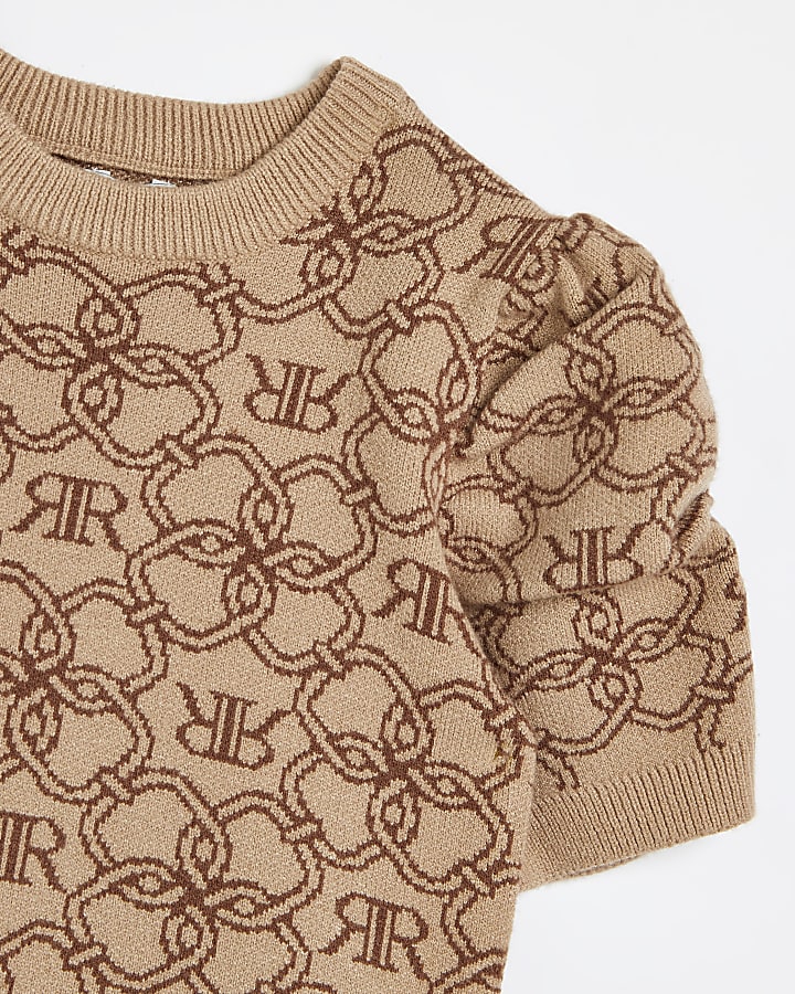 Girls beige RI chain print knitted skirt set