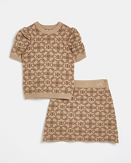 Girls beige RI chain print knitted skirt set
