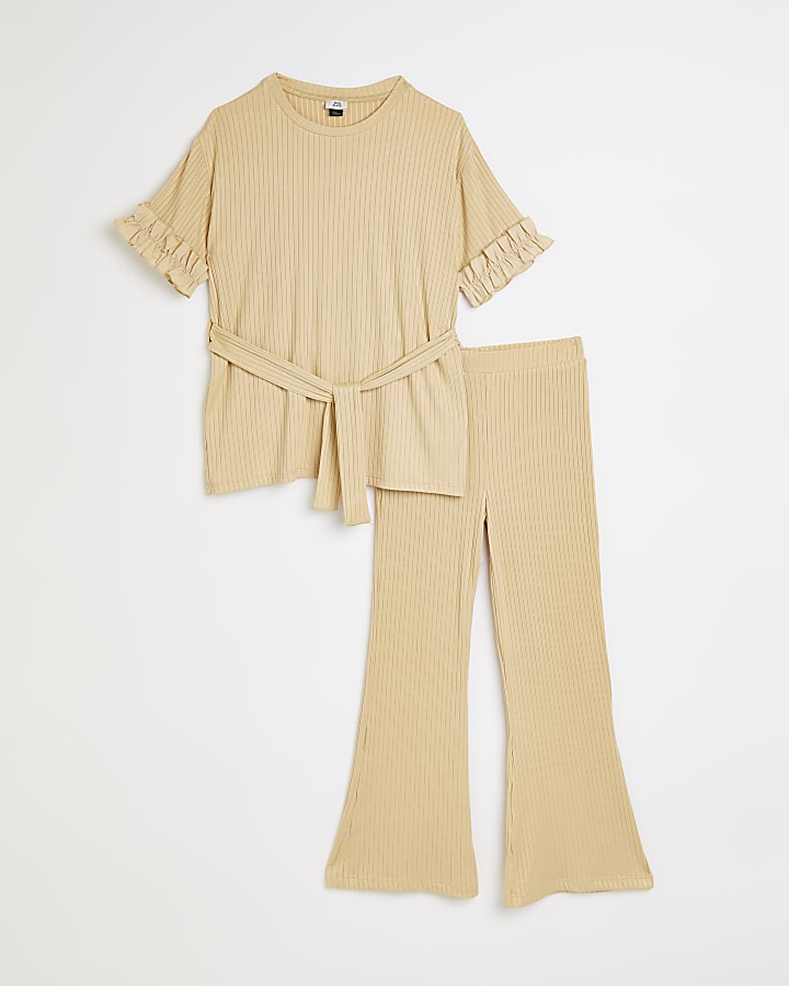 Girls beige ribbed belted frill outfit