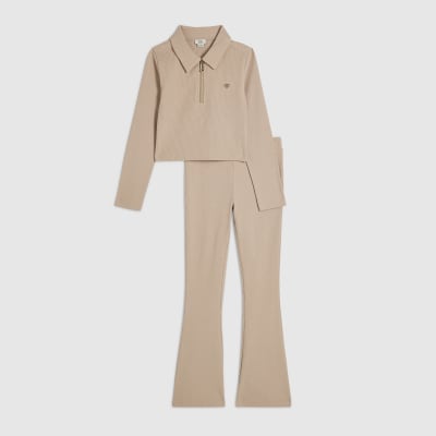 Girls Beige Ribbed Polo Shirt Set